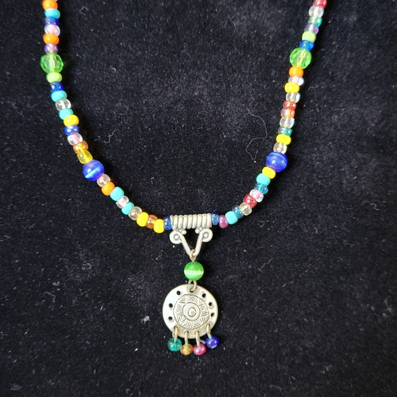 Colorful Beaded Necklace with Sterling Silver 14" Pendant - Picture 2 of 4
